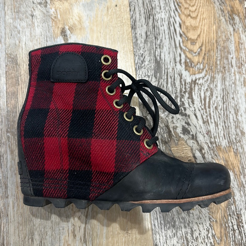 Red Buffalo Plaid Sorel Wedge Booties